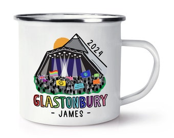 Personalised Enamel Camping Mug - (Unofficial) Glastonbury Festival 2024 Inspired White Cup Music Festival Fan Gift Travel Mug