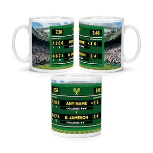 May include: White ceramic mug with a green and white image of a tennis scoreboard. The scoreboard shows the score of a tennis match between "ANY NAME" and "D. JAMESON". The score is 7-2, 6-6, 5-6, and 3-6. The mug is a great gift for tennis fans.