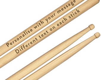 Personalised Custom Engraved Drum Sticks (Pair) 5A Premium Quality Maple Wood Any Message Text Wooden Tip