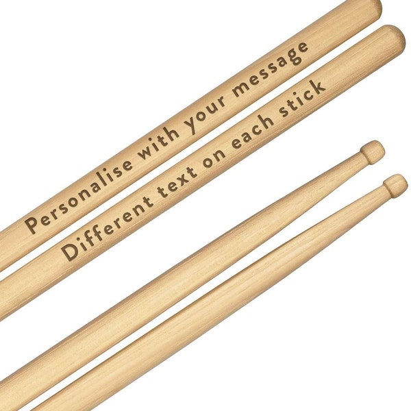 Personalised Custom Engraved Drum Sticks (Pair) 5A Premium Quality Maple Wood Any Message Text Wooden Tip
