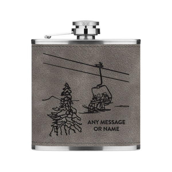 Personalised Ski Lift Skiing 6oz PU Leather Hip Flask Grey Custom Name Message Premium Quality Let's Get Piste Wedding Stag Do