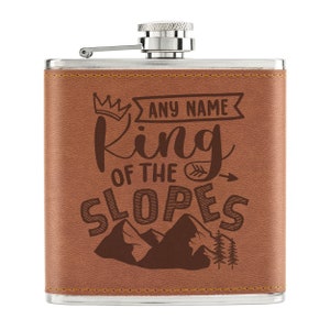 Personalised King Of The Slopes 6oz PU Leather Hip Flask Tan Any Name Message Best Man Wedding Groom Stag Do Let&#39;s Get Skiing Snowboarding
