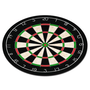 May include: A black dartboard with white numbers and a red and green bullseye. The numbers are 1 through 20, and the bullseye is in the center of the board.