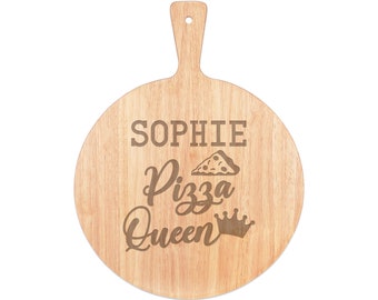 Personalised Custom Pizza Board Pizza Queen Name Serving Tray Handle Paddle Round Wooden 45x34cm