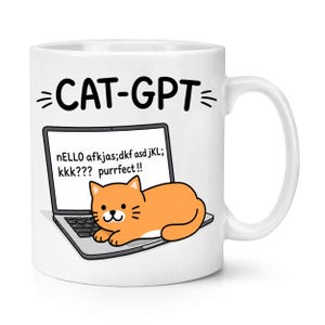 May include: White ceramic mug featuring the text "CAT-GPT" and a cartoon cat on a laptop screen. The screen shows nonsensical text and the words "purrfect!!". The mug has a curved handle.