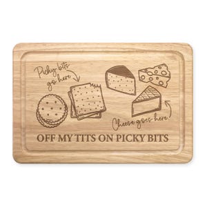 Personalizzato - Tagliere rettangolare in legno per formaggi, salumi e vini, con scritta "Off My Tits On Picky Bits" divertente e personalizzato