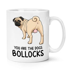 Può includere: Tazza in ceramica bianca con l'illustrazione di un carlino. Il carlino è marrone chiaro con segni neri. La tazza presenta il testo "YOU ARE THE DOGS BOLLOCKS" in grassetto nero.