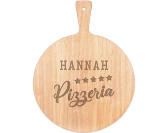 Personalised Custom Pizza Board Pizzeria Single Name Serving Tray Handle Paddle Round Wooden 45x34cm