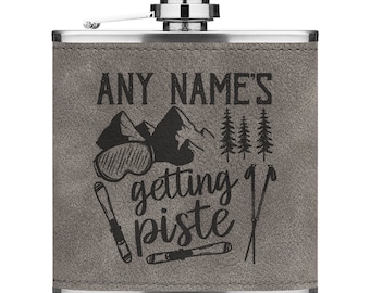 Frasco de cadera de cuero sintético personalizado de 6 oz con mensaje de nombre personalizado para esquiar en pista, de primera calidad, para bodas, despedidas de soltero y snowboard