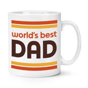 May include: White ceramic mug with the text "world's best DAD" in brown and orange lettering. The mug has orange and yellow stripes above and below the text, and a white handle.