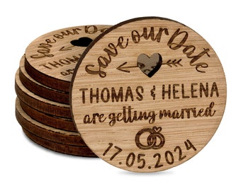 Personalised Wedding Save The Date or Evening Invitations Fridge Magnets Cards Love Heart Arrow Wooden Favours Rustic Oak Envelopes Custom
