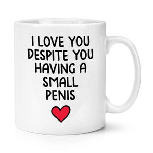 Puede incluir: Taza de cerámica blanca con el texto "I LOVE YOU DESPITE YOU HAVING A SMALL PENIS" en negro, con un corazón rojo debajo. La taza tiene un asa curva.
