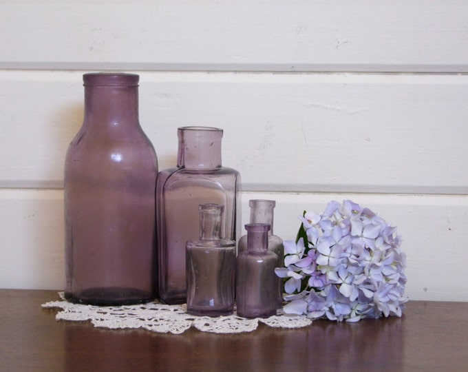 Vintage Purple Glass Bottles, Set of 5 Vintage Bottles, Amethyst Glass