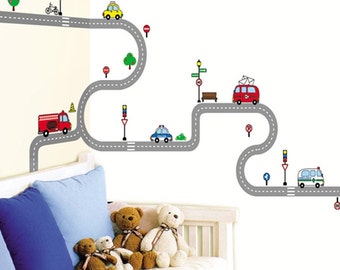 Kids Wall Decal Deco Point Sticker / Race Track Wall Decal Sticker / Car and Road Street Sticker /