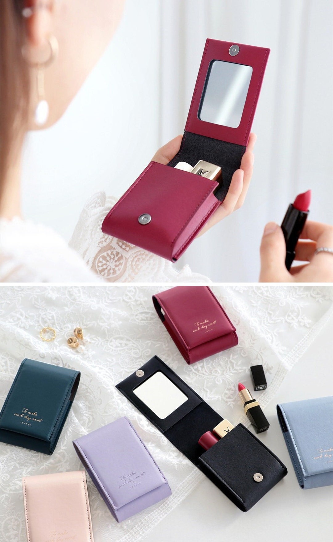 PU Lipstick Case with Mirror Mini Makeup Cosmetic Pouch Buckle