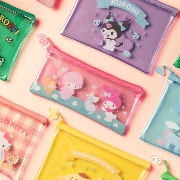 Sanrio 3PCS Clear Pouch Set [7types] / Cosmetics Clear Zipper Bag / Makeup Pouch / School Supplies / Sticker Storage / Gift Bag / Pen Case