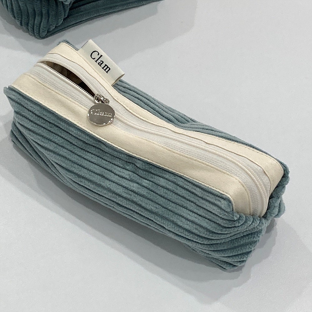 Striped Pencil Case - Corduroy - Blue - Green - Beige - Portable