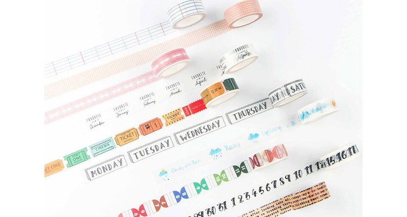 Washi Tape 7types / Ticket, Datum Masking Tape / Scrapbooking / Decoratie / Planner Stickers / Journal / Schoolbenodigdheden / DIY / Raster afbeelding 1