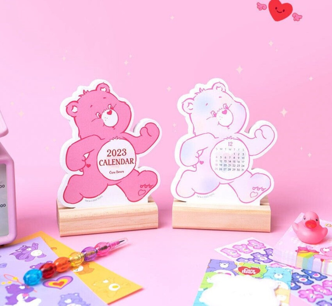 2023-carebear-wood-standing-calendar-2023-desk-calendar-etsy