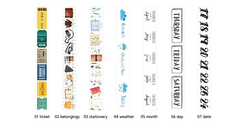 Washi Tape 7types / Ticket, Datum Masking Tape / Scrapbooking / Decoratie / Planner Stickers / Journal / Schoolbenodigdheden / DIY / Raster afbeelding 8