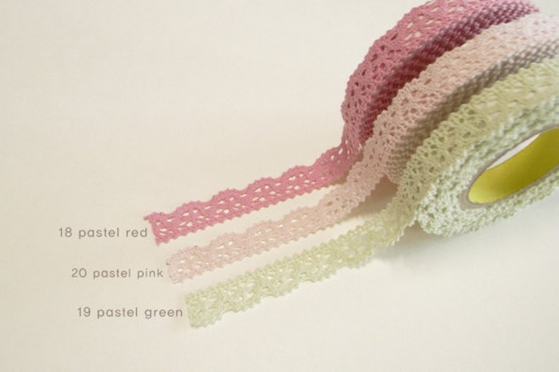 Ruban adhésif en dentelle de coton rouge pastel / rose pastel / vert pastel // 3 types image 1