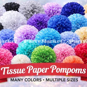 Pode incluir: Uma coleção de pompons de papel de seda coloridos em vários tamanhos. Os pompons são em tons de branco, preto, cinza, roxo, azul, rosa, verde e laranja. Texto em uma faixa vermelha: "Tissue Paper Pompoms, Many Colors, Multiple Sizes."