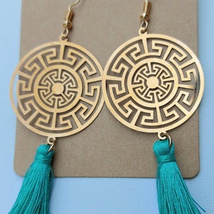Gold Maze Earrings: Turquoise Tassel Aztec Style