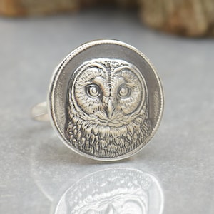 Könnte beinhalten: Ein silberner Ring mit einem Eulenmotiv. Die Eule ist das zentrale Element, eingebettet in einen kreisförmigen Rahmen. Das Design zeigt detaillierte Federung. Der Ring wird auf einer reflektierenden Oberfläche präsentiert.