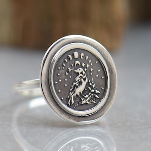 May include: A silver ring with an oval face featuring a detailed engraving of a bird perched on a branch, set against a starry night sky. The ring has a polished finish and a simple band, reflecting light.