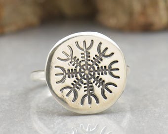 Helm Of Awe sterling silver Viking Ring Amulet success prosperity Magic Symbols,Viking compass Pagan.Ansuz Fehu Kenaz Celtic Vegvisir ring