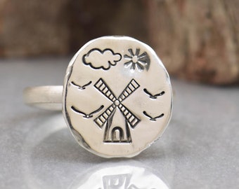 Sterling silver windmill ring.Birds ring, country land ring ,Old living