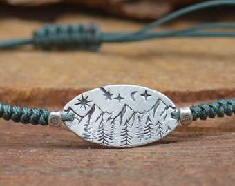 Mountain bracelet.Artisan Sterling silver stars,mountain bracelet. Forest bracelet ,trees, exclusive nature, Handmade Metalsmithing