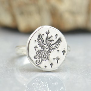 Sterling silver Phoenix Bird ring.Phoenix ring.Moon ring. Mystery magic jewelry.Artisan handmade ring.