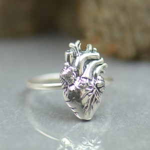 Sterling Silver Anatomical Heart Ring medical students nurse doctor for men or women jewelry.Real heart