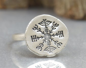 Veldismagn sterling silver Viking Ring Amulet success prosperity Magic Symbols Runes,Viking compass Pagan.Ansuz Fehu Kenaz Celtic Vegvisir