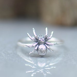 May include: A silver spider ring with a detailed design. The ring is on a gray surface.