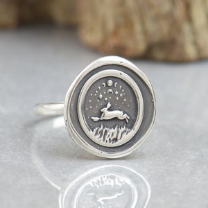 Sterling silver rabbit ring.Handmade piece.Year of the rabbit.Starry night mountain.Hare ring