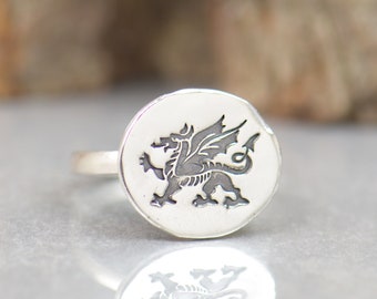 Sterling silver welsh dragon ring.Magical ring. Mystery magic jewelry.Artisan handmade ring.
