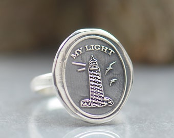 Sterling silver lighthouse flower ring Vintage Wax seal Lighthouse with message -My Light- Wax Seal - Fine Silver.My guide my support