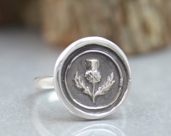 Sterling silver Vintage Wax seal Scottish Thistle Wax Seal ring.Artisan handmade ring.Ancient jewelry