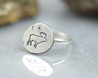 Sterling zilveren eland ring. Ambachtelijk handgemaakt. Ringen voor mannen of vrouwen. Natuur bergring, handgemaakt spiritueel. Wolfsdier