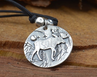 Sterling silver moose tree star mountain moon pendant. Artisan tree of life necklace..Gemstone.Metalsmithing.One of a kind.Bear Necklace