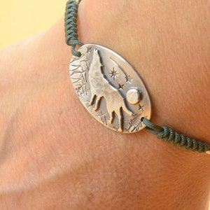 Sterling silver wolf tree star mountain moon pendant. Artisan tree of life bracelet.Gemstone.One of a kind.Wolf Howling to the moon Bracelet