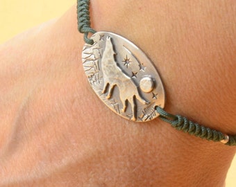 Sterling silver wolf tree star mountain moon pendant. Artisan tree of life bracelet.Gemstone.One of a kind.Wolf Howling to the moon Bracelet