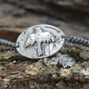 Raven moon witch halloween bracelet.Artisan Sterling silver stars,mountain bracelet, nature,Handmade Spiritual Raven Avian Crow bracelet
