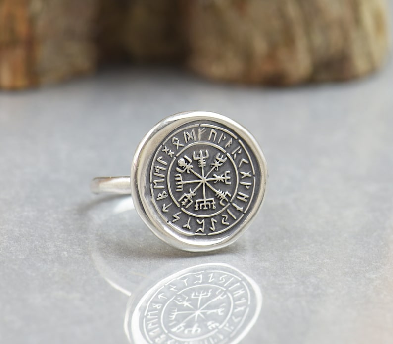 Silver Rune Circular Pattern Vegvisir Rune Sterling Silver Viking Ring Amulet Success Prosperity ...
