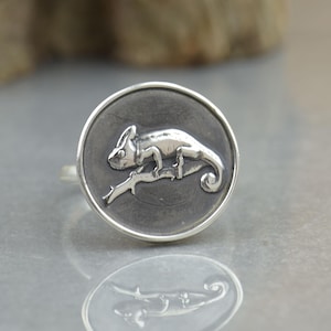 Può includere: Un anello circolare in argento con un rilievo lucido e rialzato di un camaleonte appollaiato su un ramo. Lo sfondo della faccia circolare è ossidato in grigio scuro, offrendo un contrasto netto per la dettagliata figura del rettile in argento.
