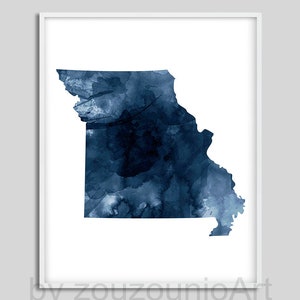 Impression de carte de l'État du Missouri, silhouette de carte du Missouri aquarelle bleu marine, affiche de l'État des États-Unis, art mural moderne, décoration de bureau à domicile, oeuvre d'art imprimable