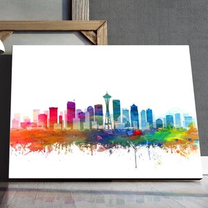 Seattle Skyline Print, Seattle Watercolor Painting, Washington Cityscape, Modern Wall Art, Travel, Home Office Decor, Digital Printable Art