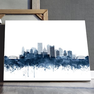 Pittsburgh Skyline Print, Pittsburgh City Wall Art, Watercolor Navy Blue White Poster, Modern Home Decor, Pennsylvania Travel, Printable Art
